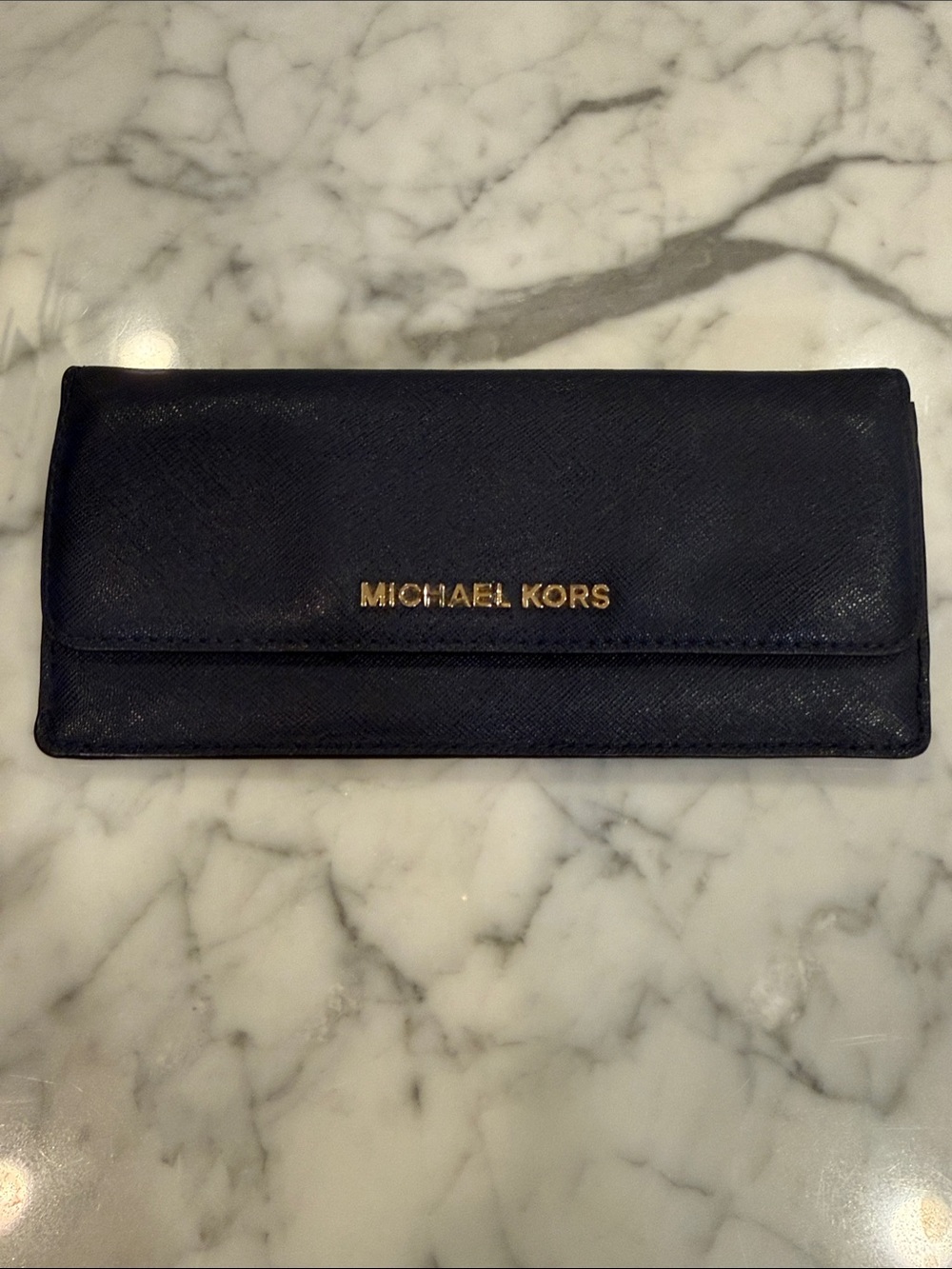 Michael Kors Navy Leather Continental Wallet with Gold Logo